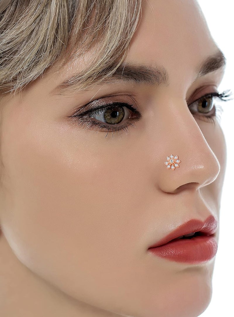 Tornito 9Pcs Nose Rings Stud L Bone Screw Shaped Nose Ring Flower CZ Snowflake Butterfly Screw Nose Stud Body Piercing Jewelry for Women Men 20G Silver Gold Rose Gold Tone - Image 5
